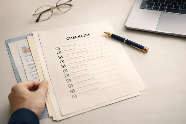 Checklist y laptop representando la revisión documental previa
