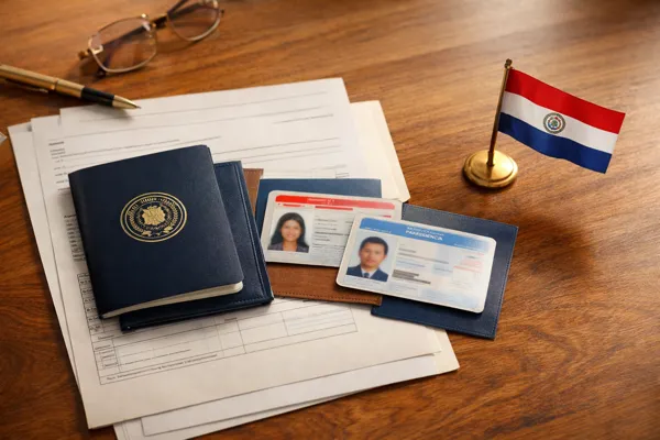 Pasaportes, cédulas y bandera de Paraguay representando el trámite de residencia